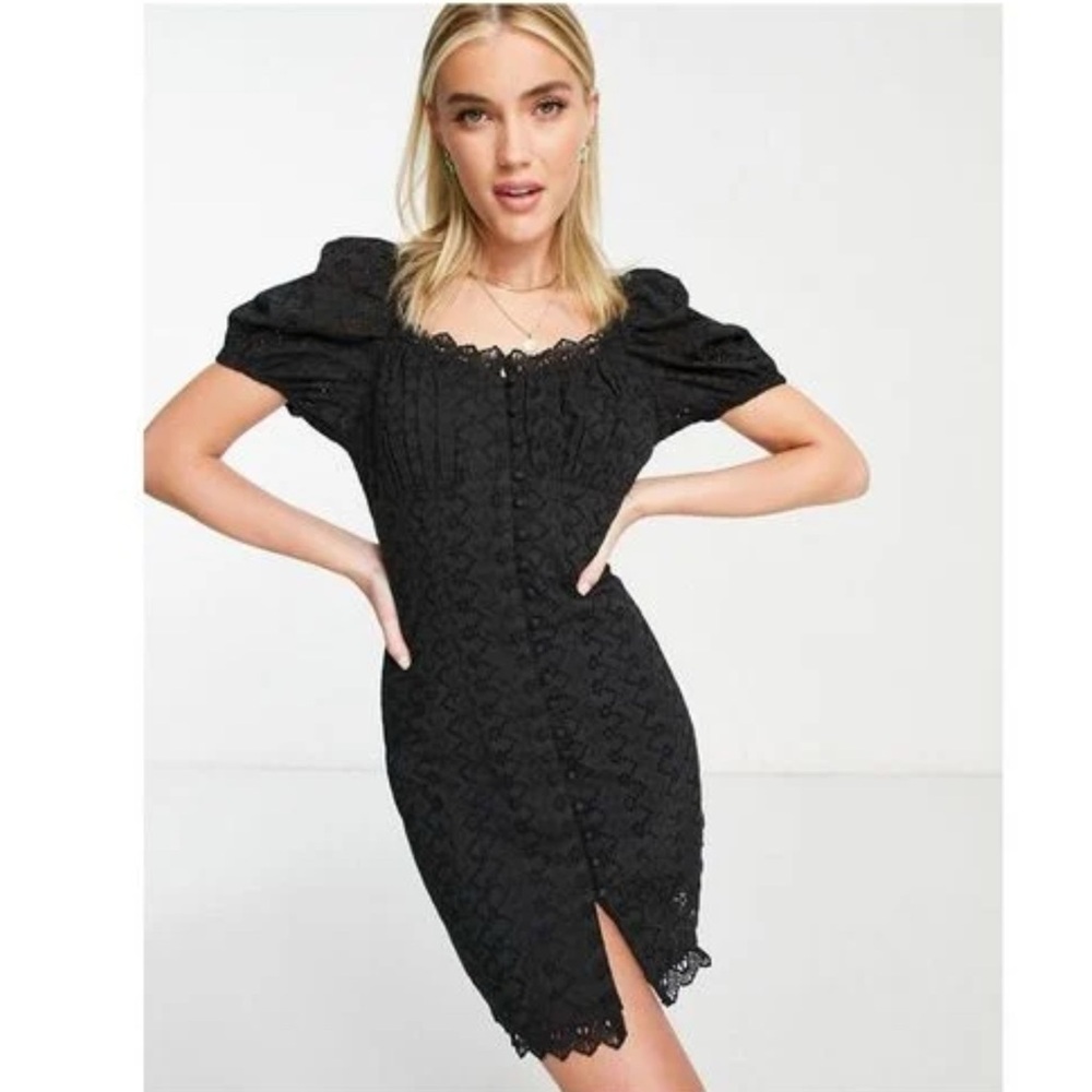 MISS SELFRIDGE Button Front Fitted Mini Dress Short Puff Sleeve Black Size US 0